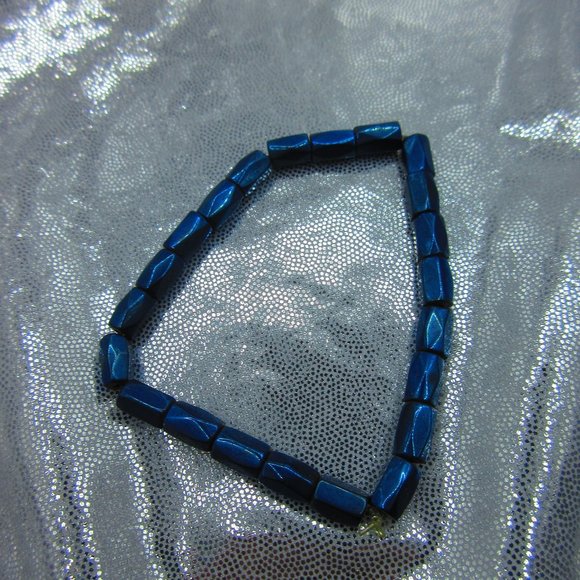 Blue Titanium Hematite Magnetic Barrels 7" Stretchy Gemstone Bracelet - Picture 2 of 3
